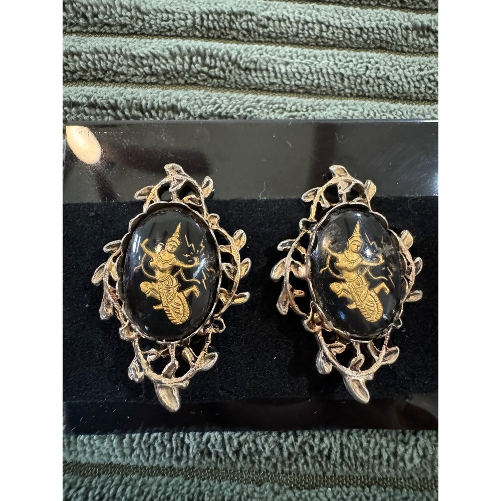 Vintage Thailand Black Gold Siam Goddess Clip On Earrings Asian Jewelry‎